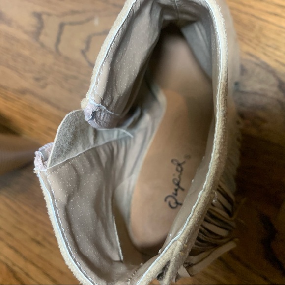 Qupid beige Fringe faux suede Peep Toe Heeled Ankle Booties. - Picture 4 of 9